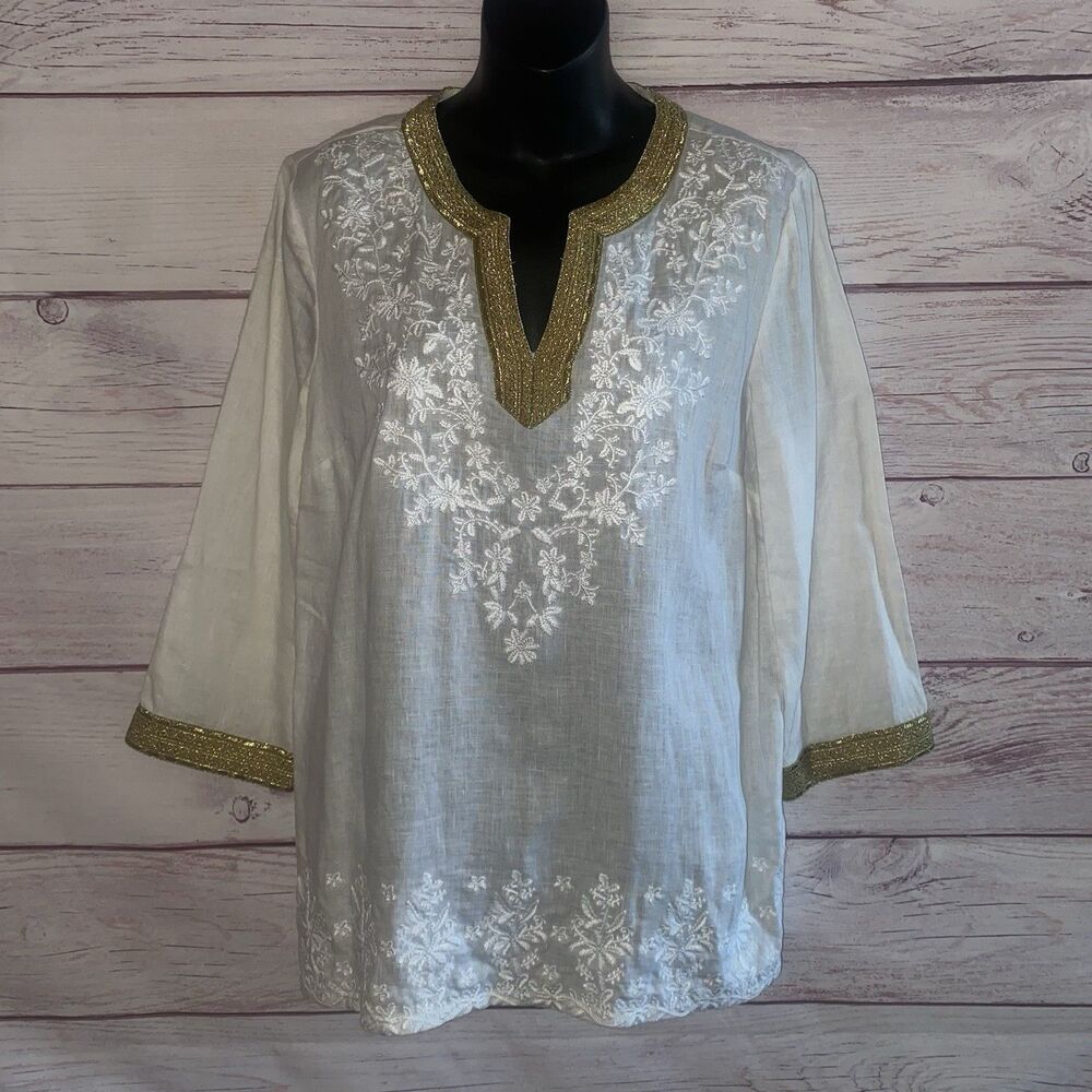 Charter Club L Luxury Linen Embroidered Tunic Top White Gold Split Neck Boho A4